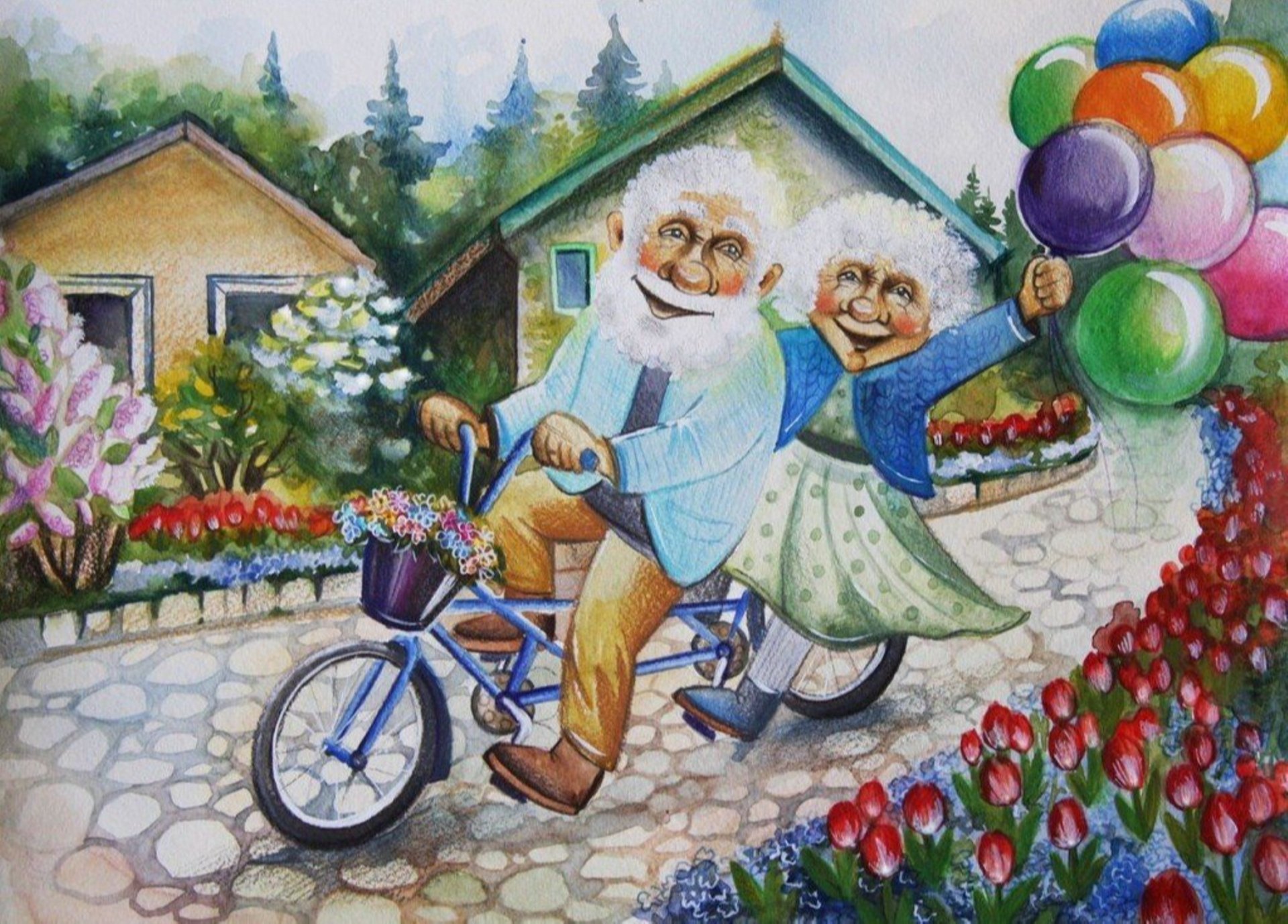 Внучка ехала. Открытки для пожилых людей. Счастливые старики иллюстрации. Картины пожилых людей. Бабушка рядышком с дедушкой.
