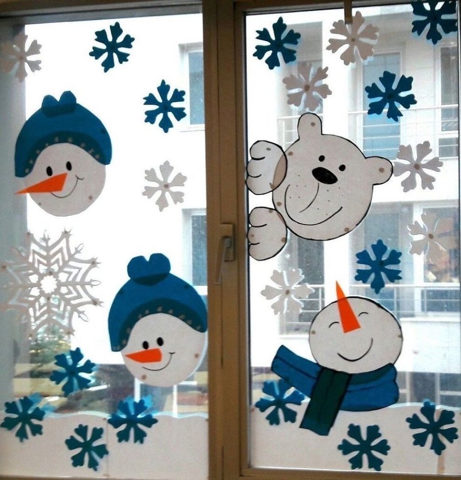 Снеговики на окна цветные