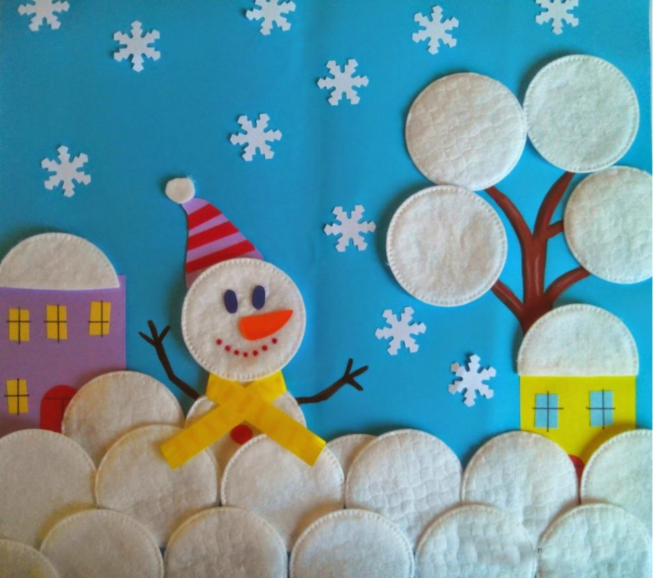 Снеговик из ватных дисков для малышей 3 лет