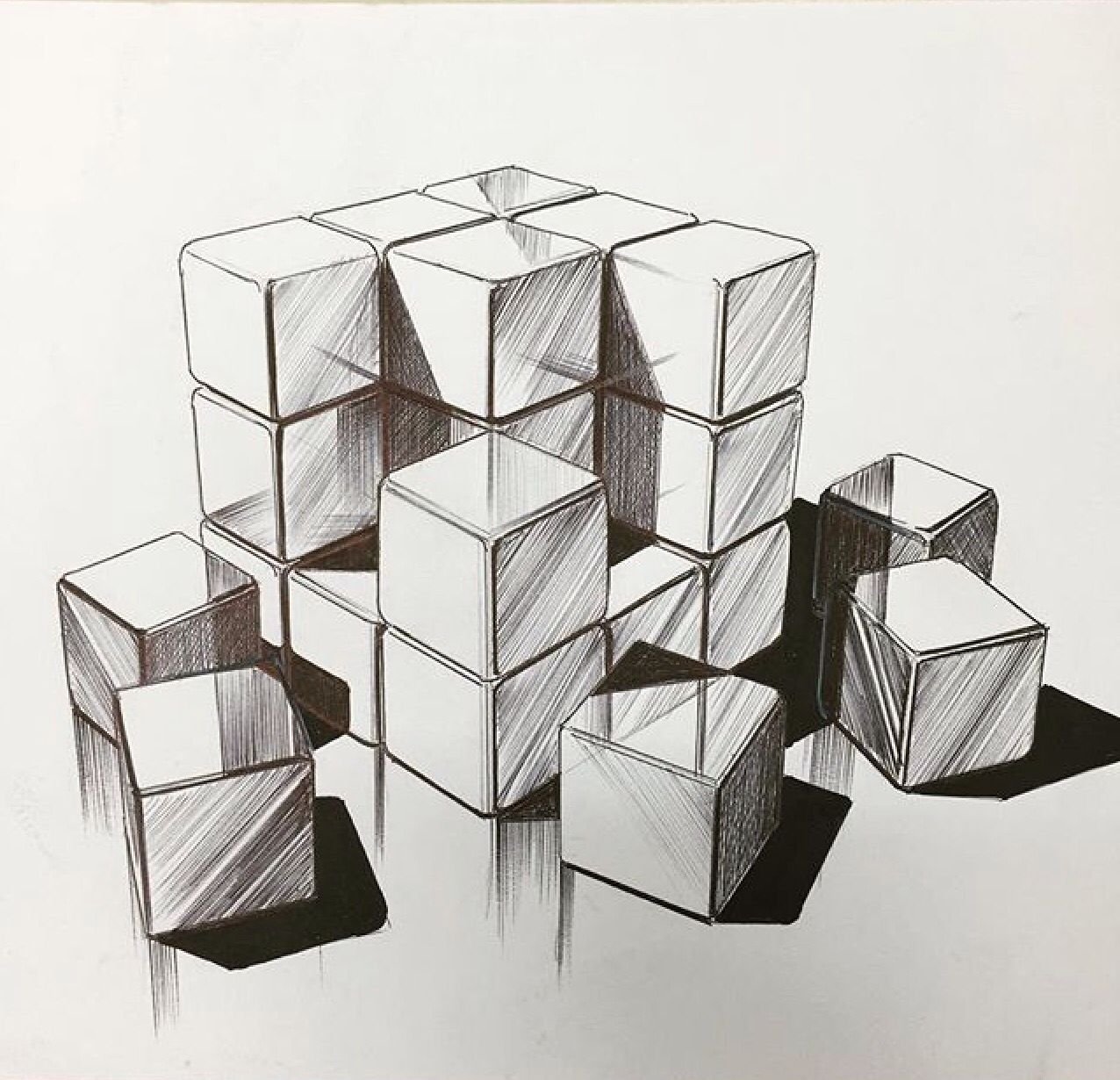 Графические рисунки фигур. Композиция из кубов. Объемная композиция. Композиция из кубиков. Композиция из объемных фигур.