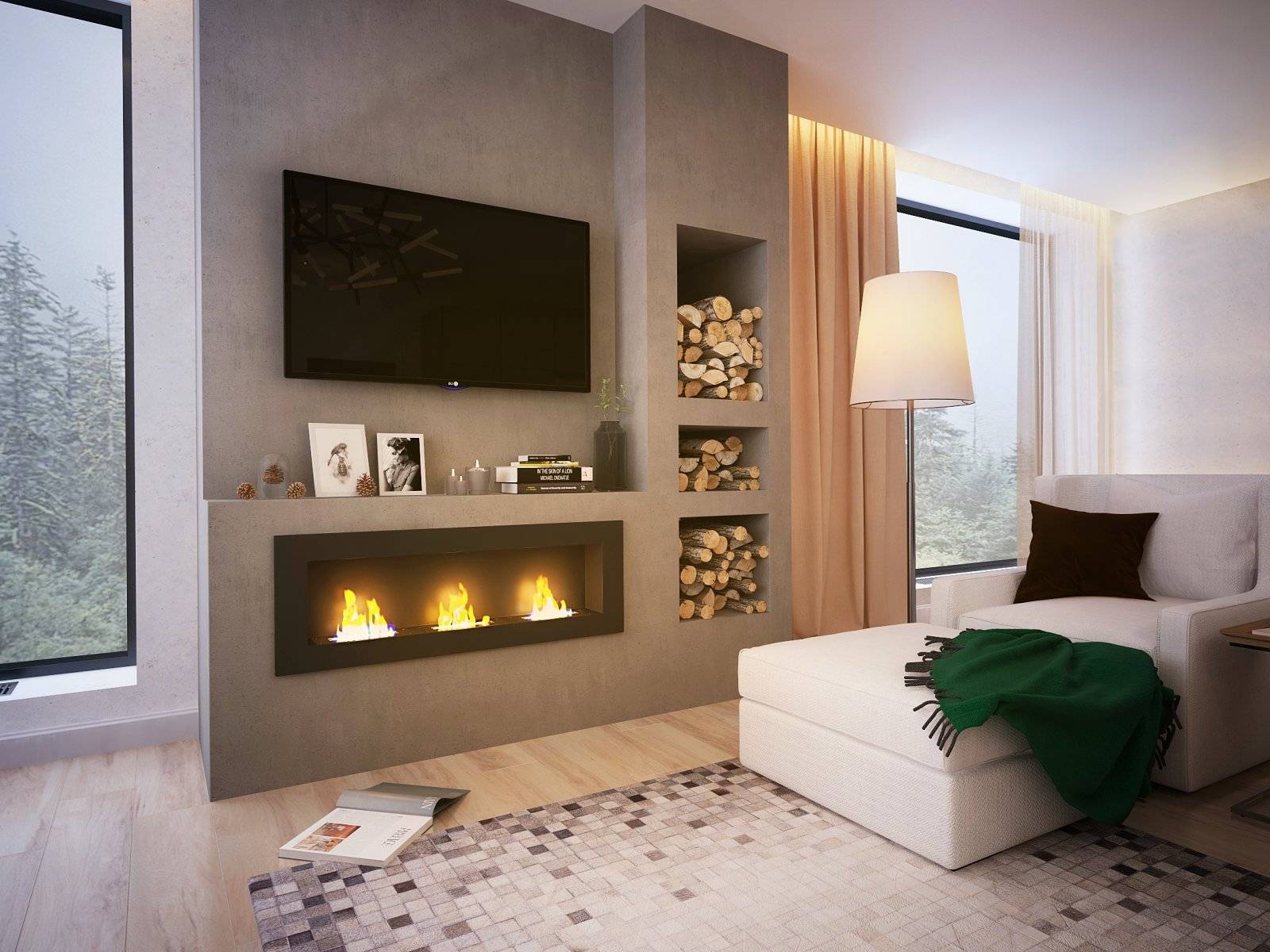 Камины в интерьере квартиры дизайн интерьера Electric fireplace in the interior of the living room - download photo 85