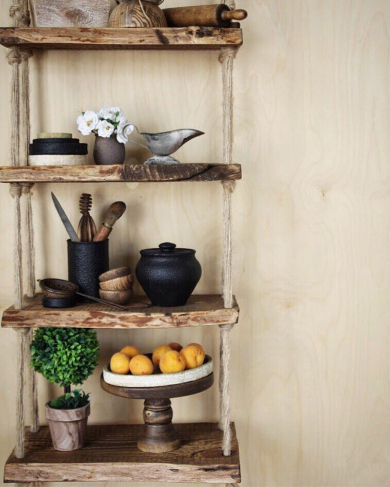 Wooden shelves in the kitchen