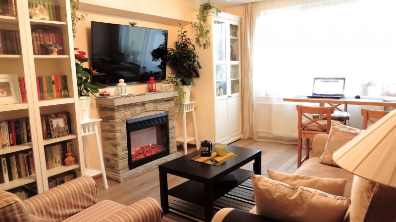 Living room with fireplace and TV