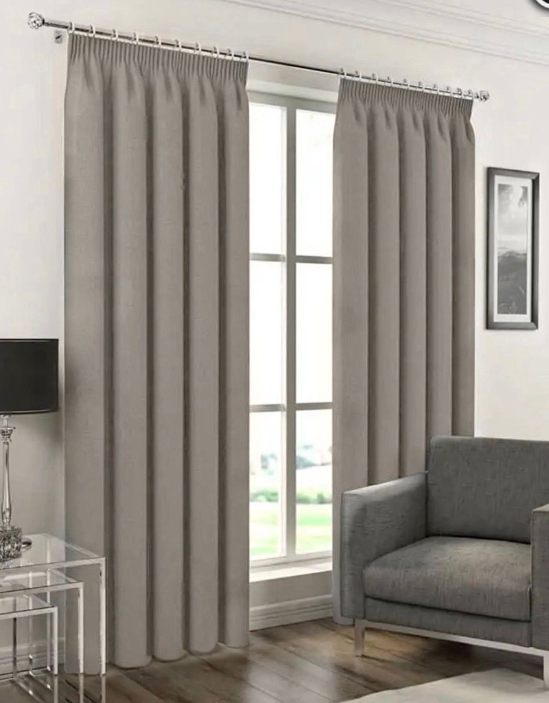 The curtains are gray beige