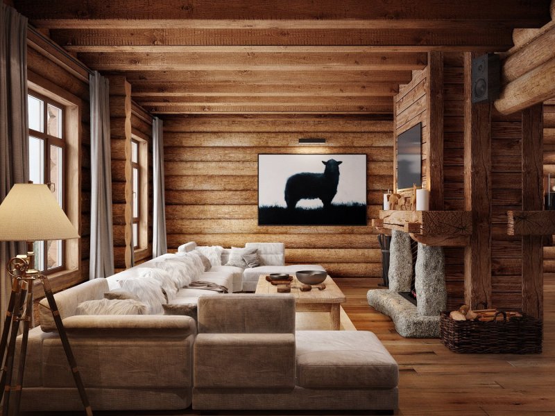 The interior of a log house in the style of a chalet