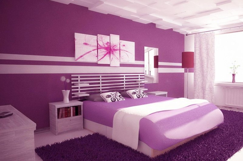 The purple interior of the bedroom