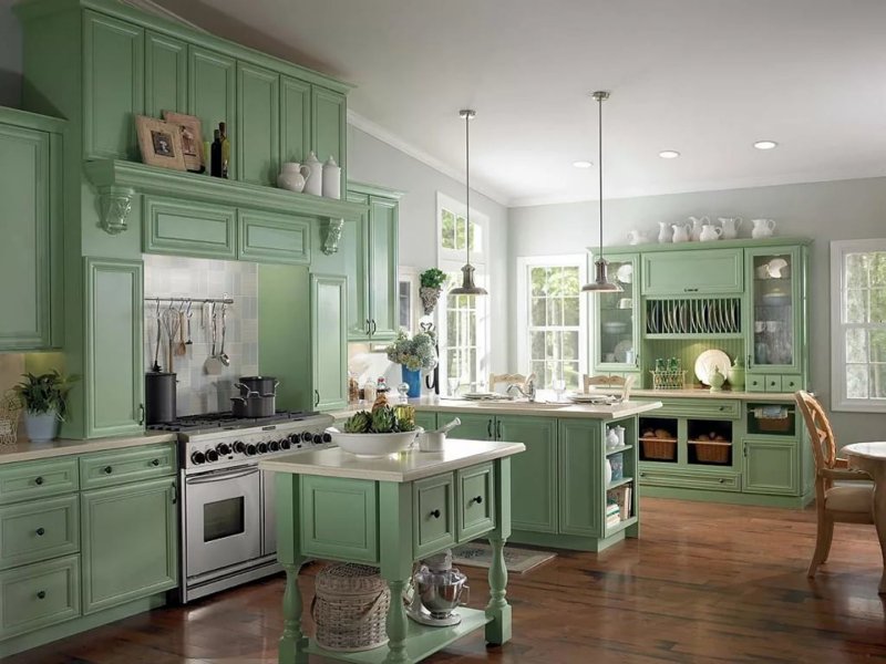 Green kitchen in country style