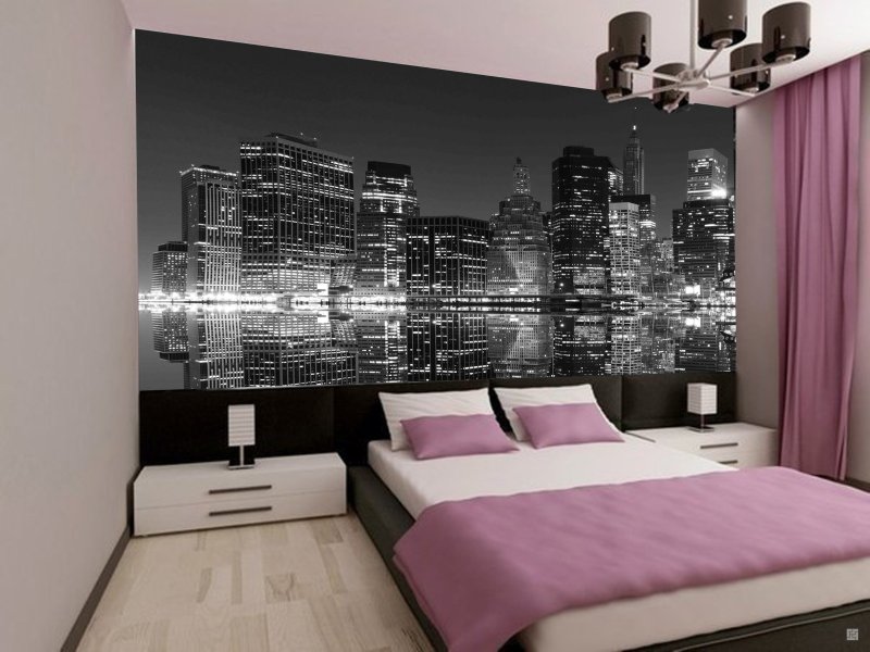 Wallpaper night city in the interior of the bedroom