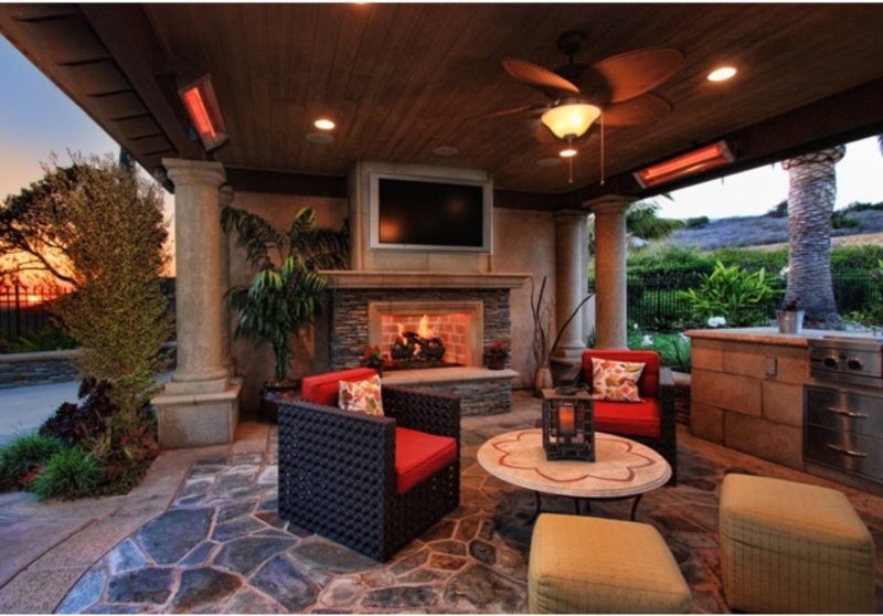 Patio with a fireplace