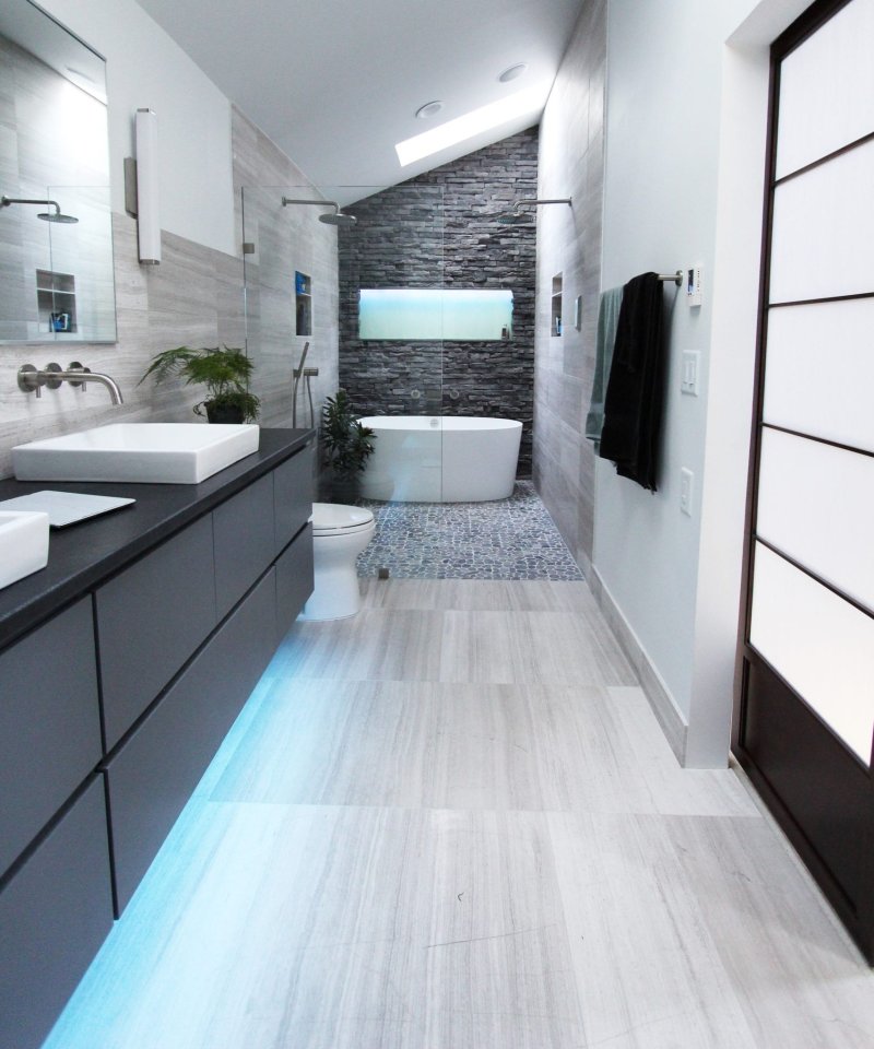 The bathroom is modern