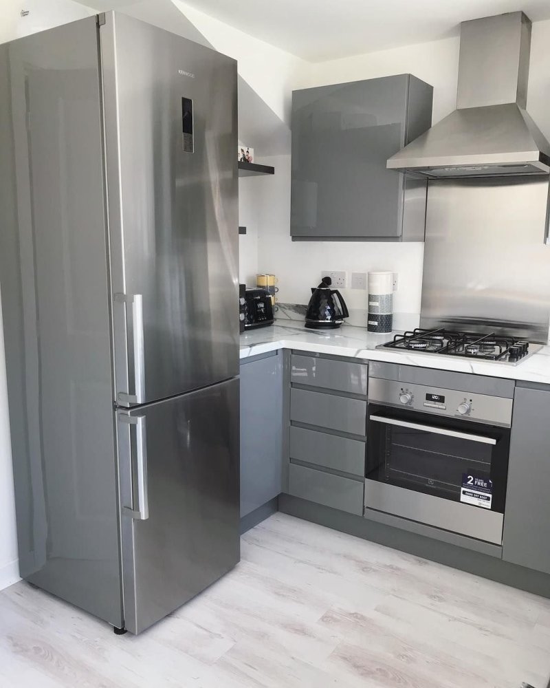 Gray refrigerator kitchen