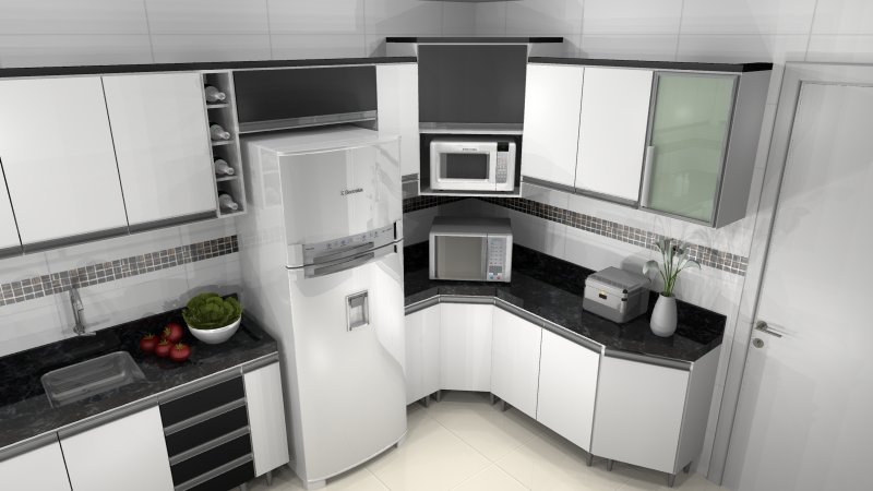 Kitchen angular design with a refrigerator