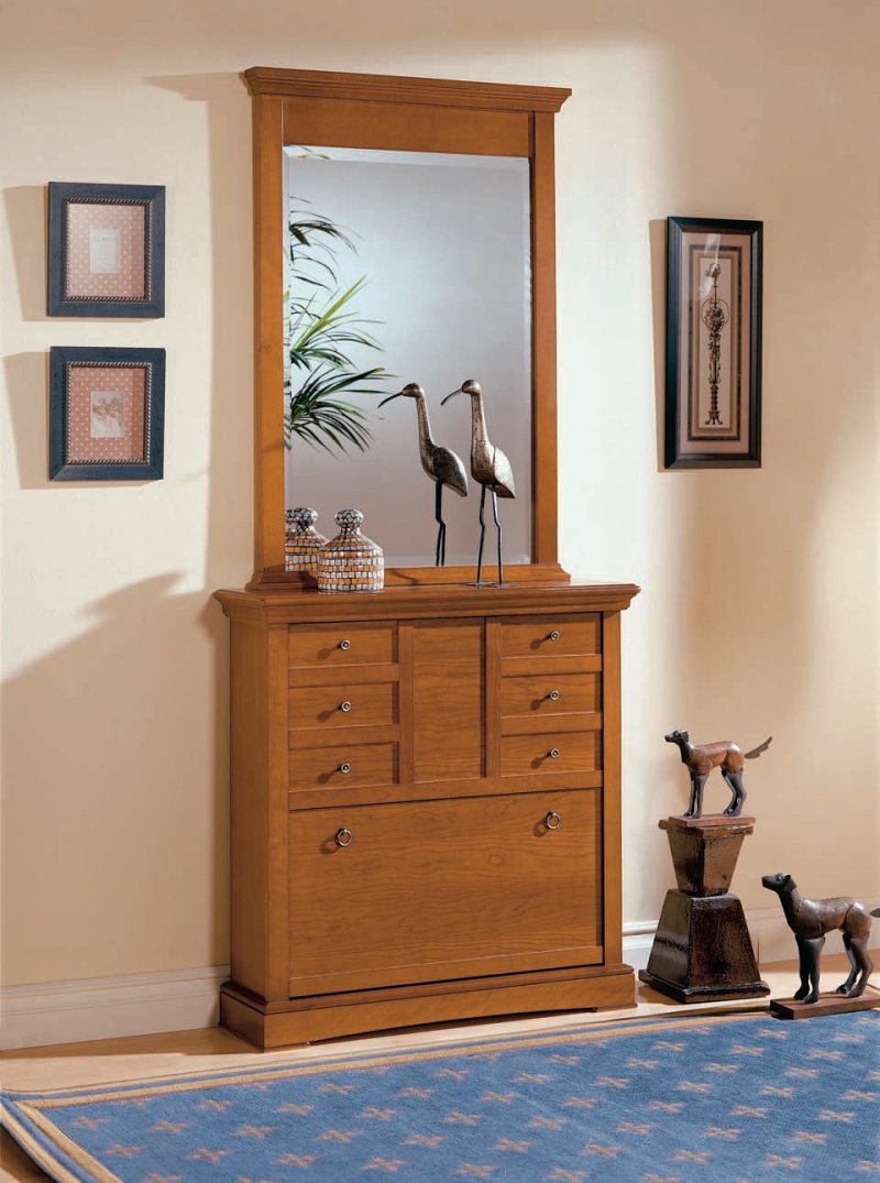 A chest of drawers with a mirror in the hallway