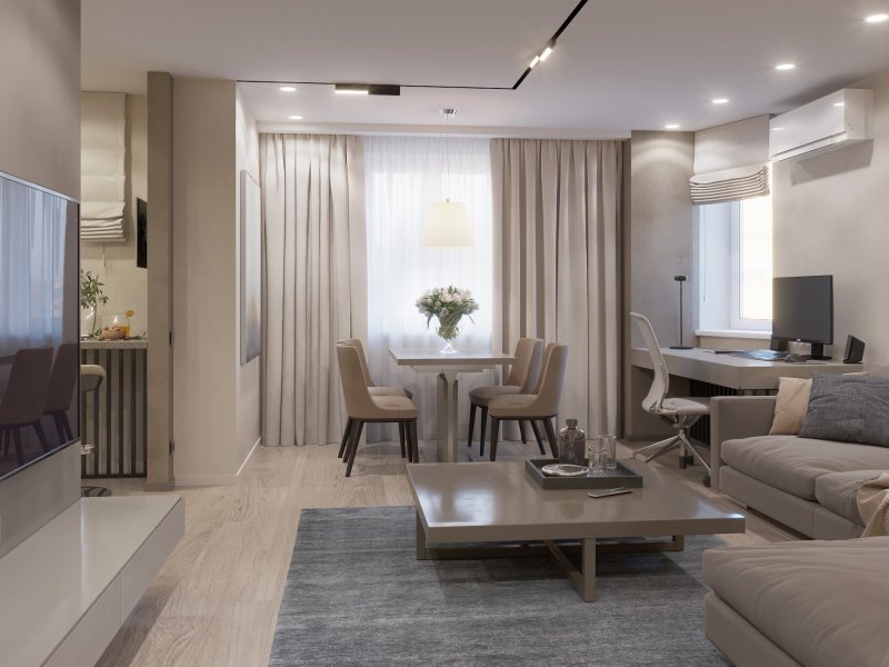 The interior of the living room in gray beige tones