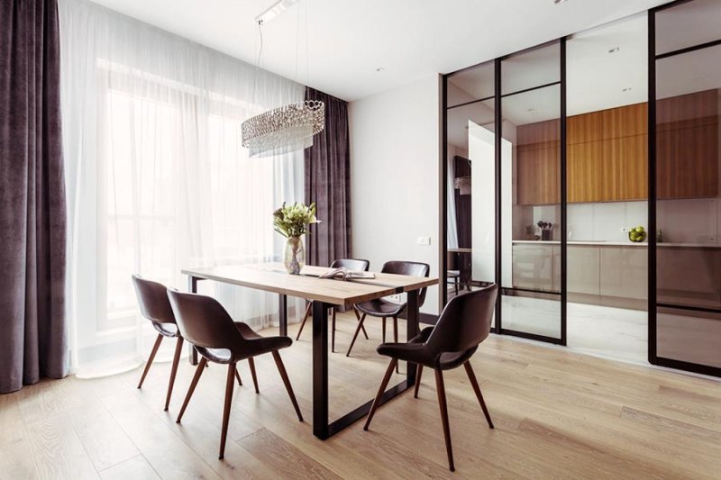 Kitchen living room with a glass partition