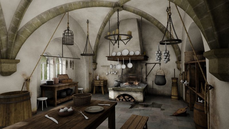 Kitchen in a knightly castle in the Middle Ages