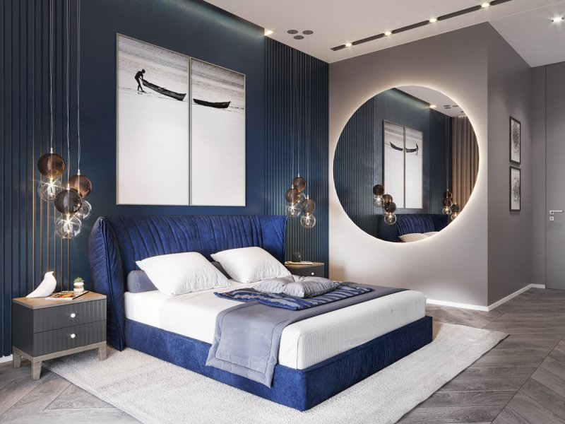 Blue bed in the interior of the bedroom