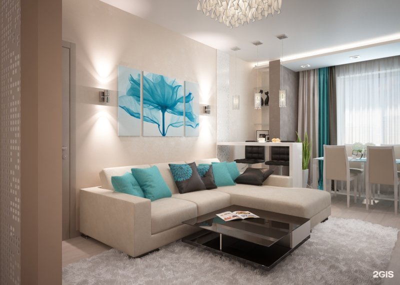 Living room in turquoise tones