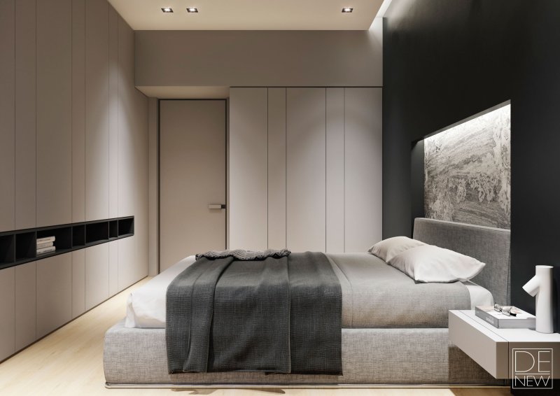 The interior of the bedroom in the style of minimalism