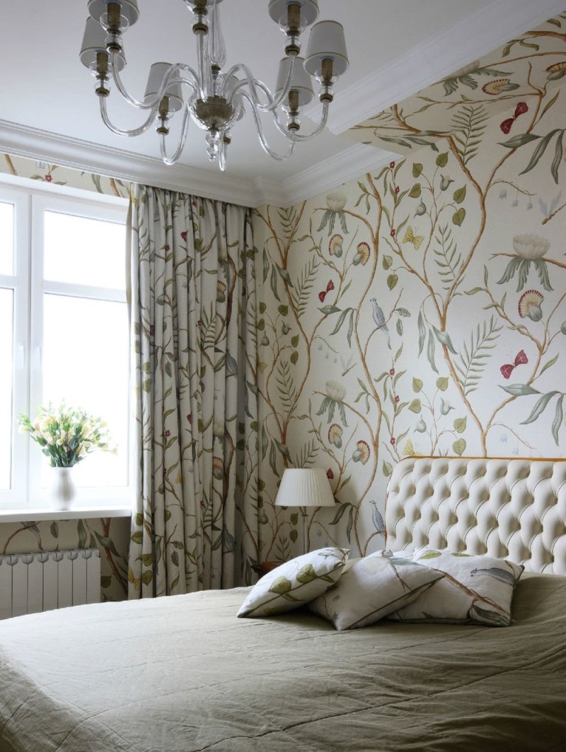 Bedroom interior with wallpaper