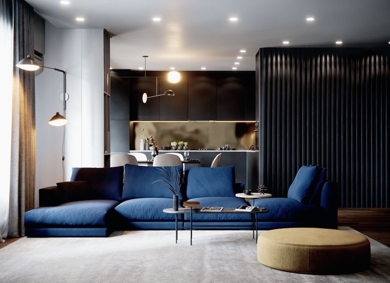 Blue sofa in a gray interior