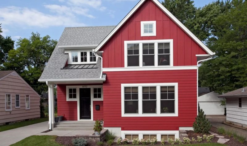 Red facade of the house