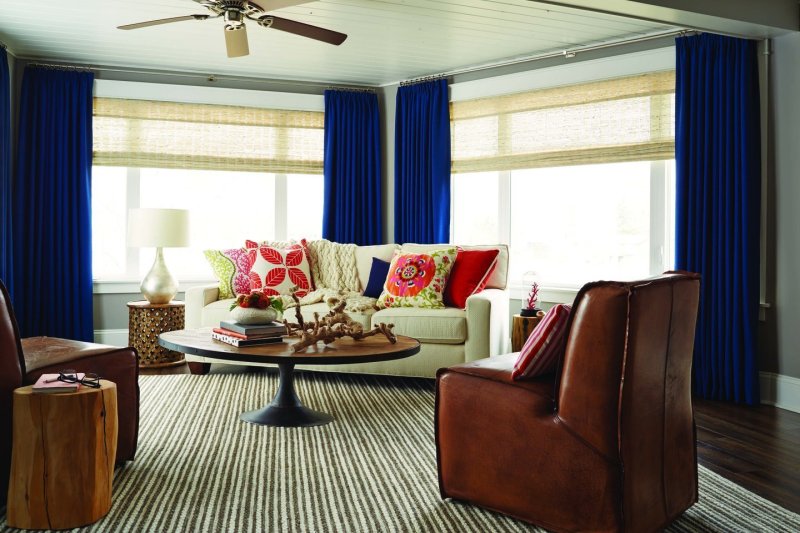 Living room with blue curtains