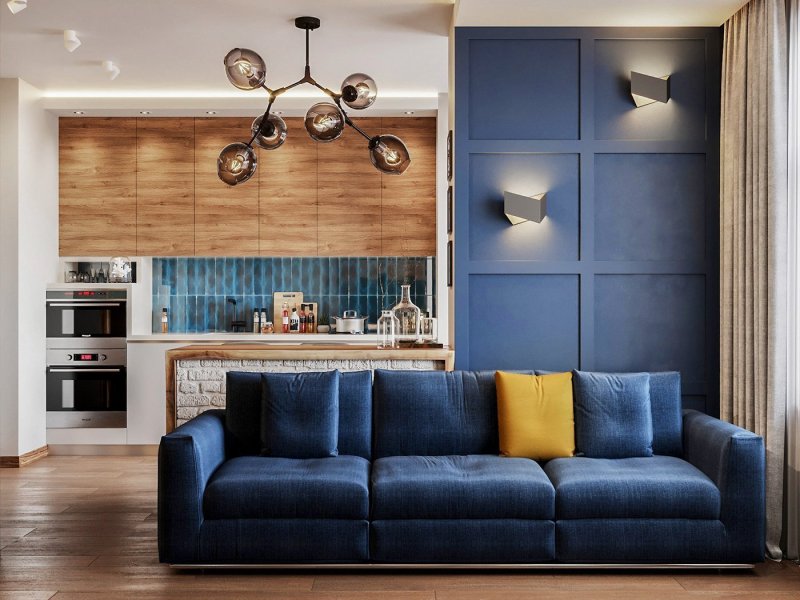 Kitchen living room with a blue sofa