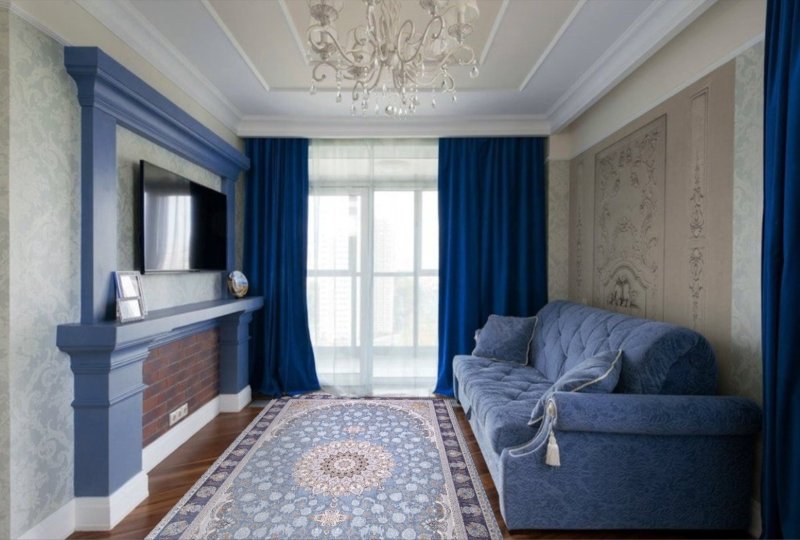 Blue curtains in the interior of the living room