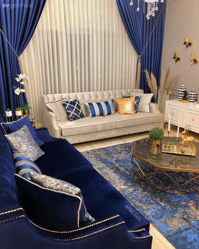 Living room with blue curtains