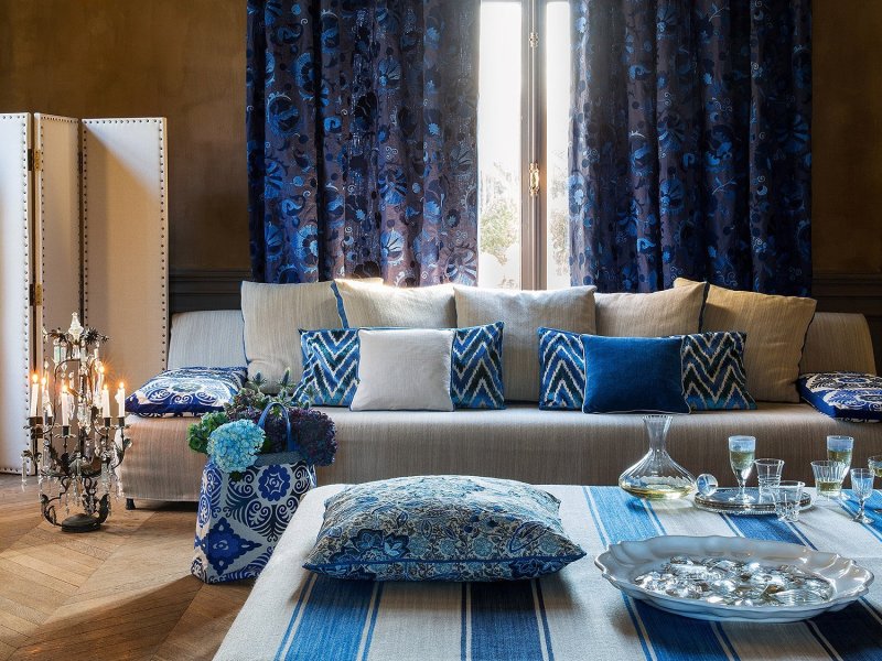 Living room with blue curtains