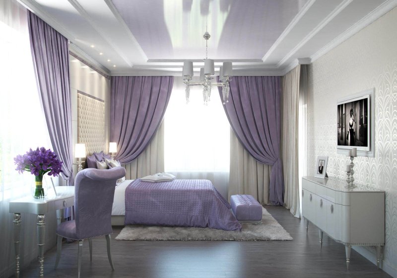 Lilac curtains in the interior of the bedroom