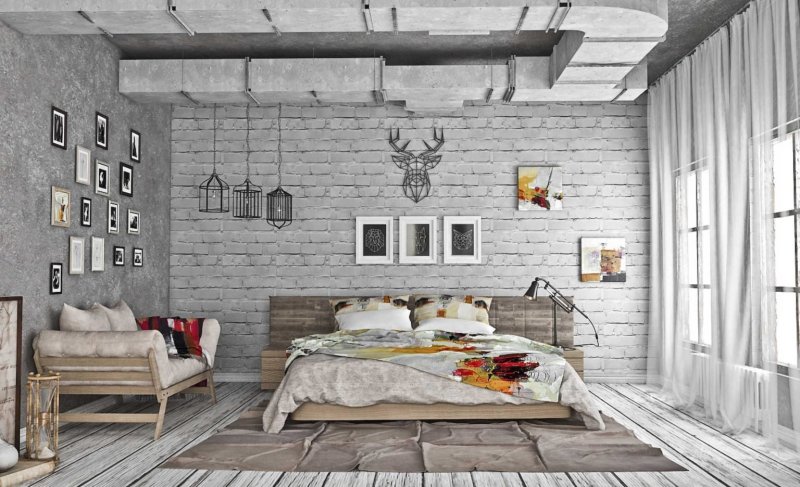 Loft style in the interior of the bedroom