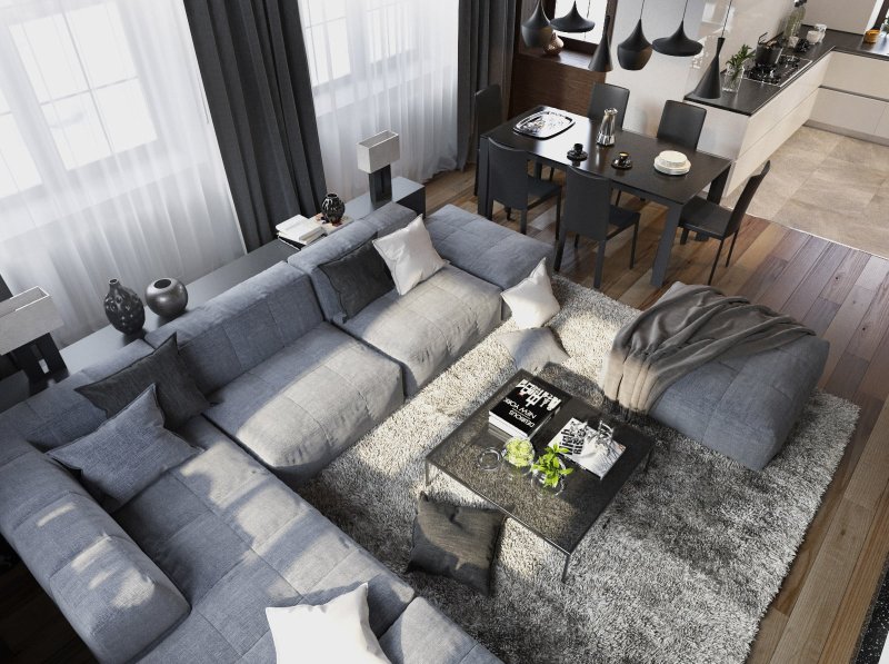 Living room design with a gray sofa