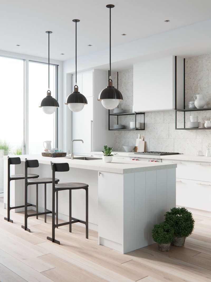 Lamps above the bar in the kitchen suspended