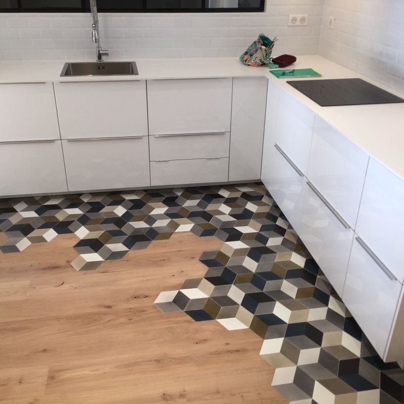 Kitchen with hexagonal tiles on the floor