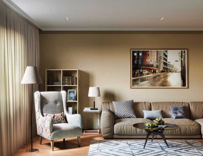 Beige sofa in the interior of the living room