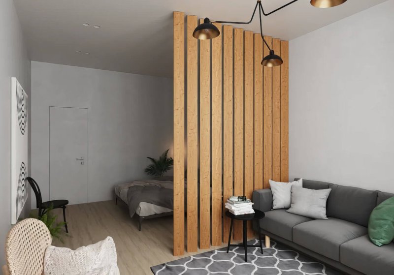 Wooden partition for zoning a room