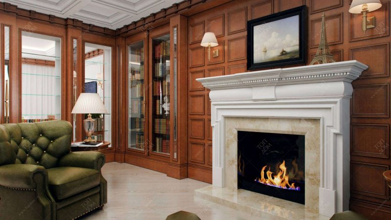 The fireplace is the neoclassic marble