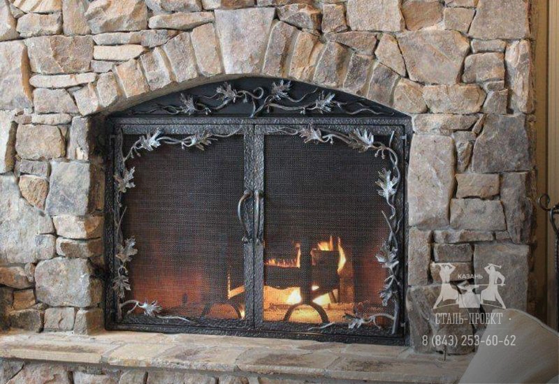 A fireplace with glass