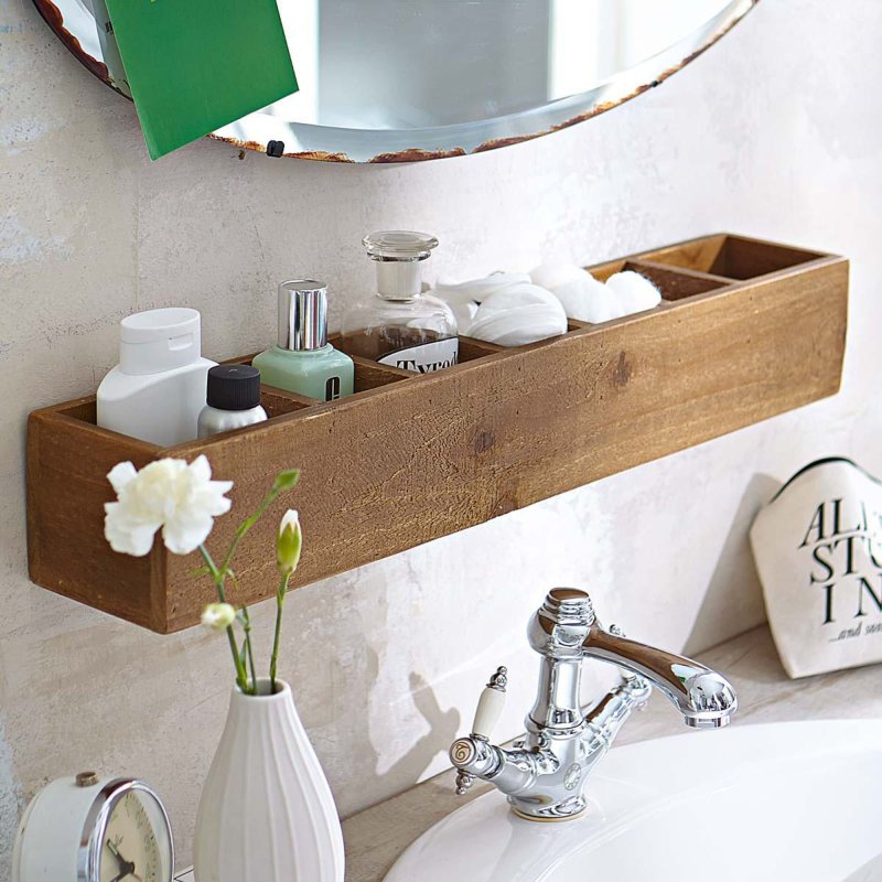 Wooden shelf in the bathroom