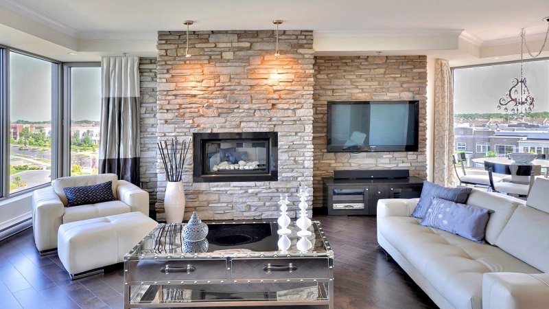 Living room with decorative stone