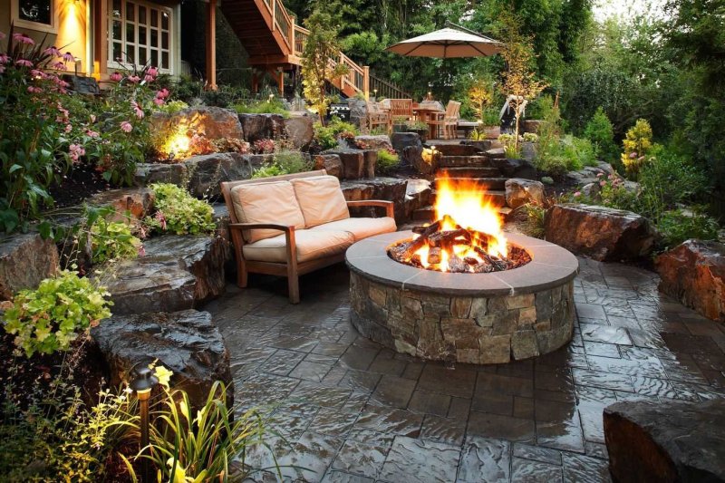 Patio landscape with bonfire