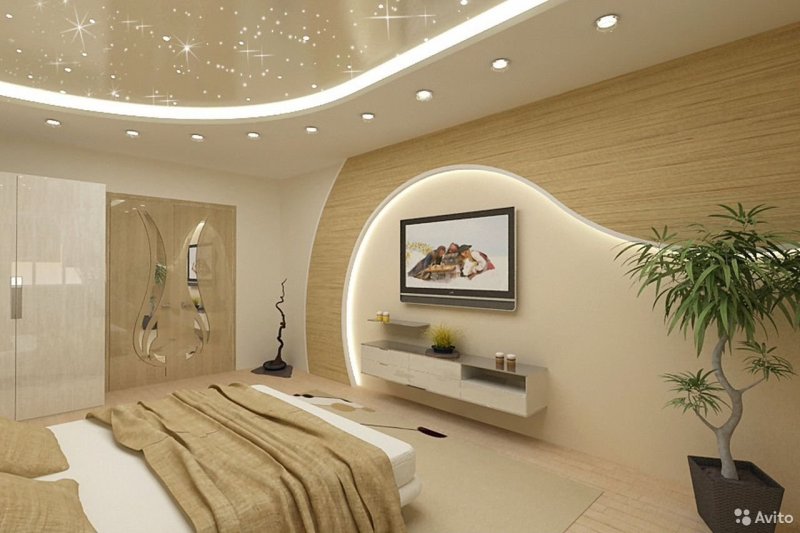 Ceiling in the bedroom in a modern style