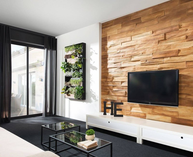 Wooden wall in the interior of the living room