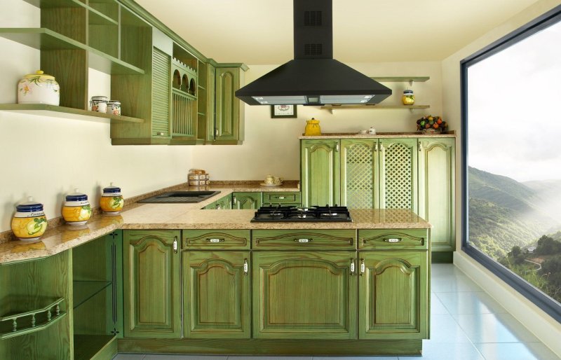 Olive -colored kitchen in the interior