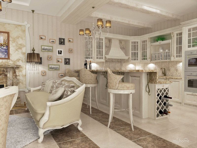 Kitchen living room in Provence style in a country house