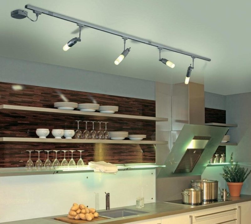 Track lamps in the interior of the kitchen