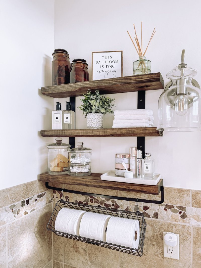 Wooden shelves in the bathroom