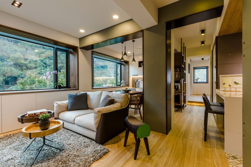 Kitchen living room with access to the terrace layout